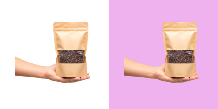 Hand holding a brown coffee bean bag stand up pouch transparent png