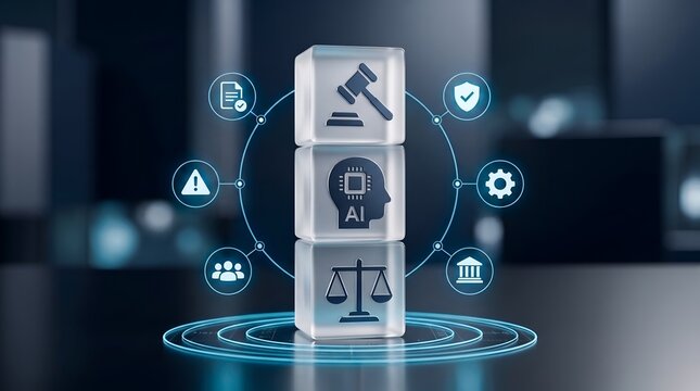 Corporate legal compliance ecosystem showing stacked glass cubes with glowing digital justice scale and network icons
