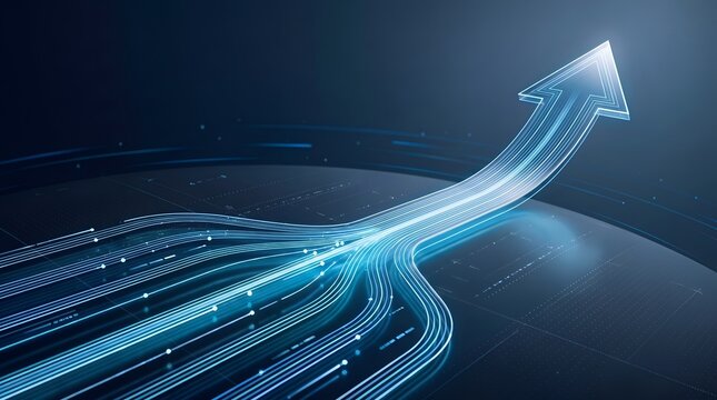 Digital data optimization strategy showing multiple glowing blue streams converging into single large upward pointing arrow