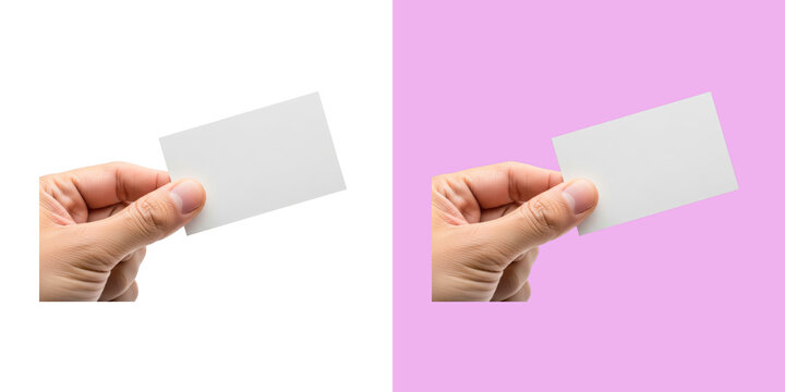 Human hand holding a blank white paper business card mockup transparent png