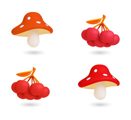 Vibrant cartoon mushrooms and cherries on transparent background PNG