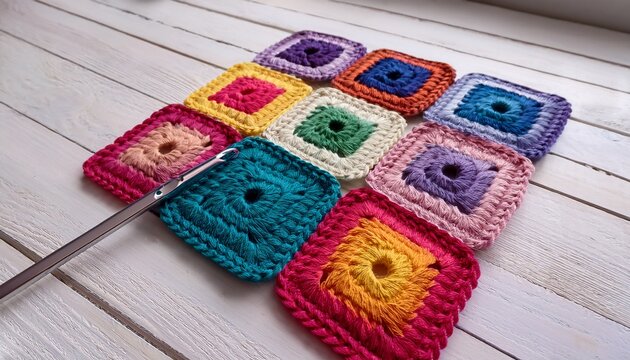 multicolored granny squares with crochet hook and white wooden ground
