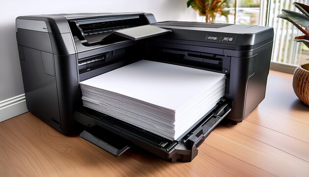 black all in one printer sits angled showcasing its input and output trays a single sheet of white paper is partially fed into the printer ready for printing or scanning