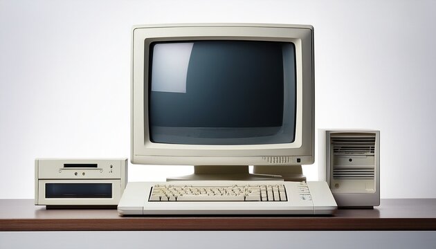 a vintage off white desktop computer with a large crt monitor a floppy disk drive and a cd rom drive displayed against a white background showcasing its retro design