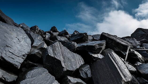 dark rugged angular rocks form a sprawling pile in the lower frame their textured surfaces sharply contrasting