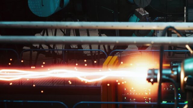 A bright electric discharge is seen in an industrial facility. The discharge creates glowing sparks as it moves along metal bars.