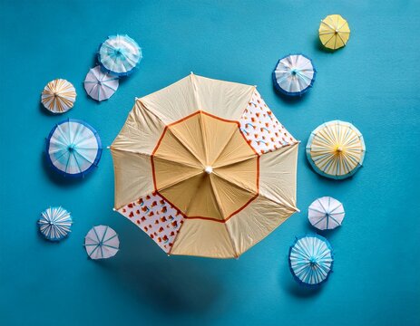 end of summer concept with beach umbrella patterns on a blue background flat lay top view design