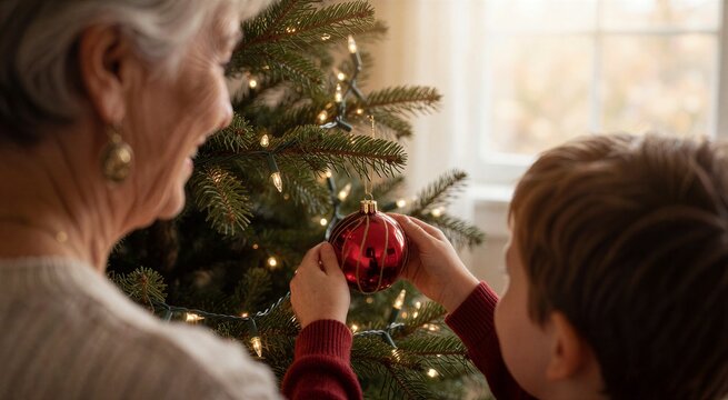 Grandmother and young boy decorating a Christmas tree, focusing on them hanging a shiny red ornament together.