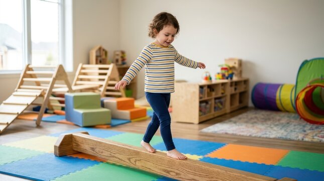 Happy toddler girl walking barefoot on a wooden balance beam in a colorful indoor playroom. Child developing gross motor skills and coordination