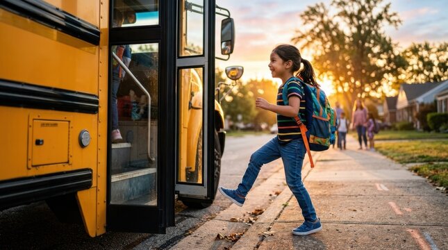 Young girl with backpack boarding a yellow school bus. Happy student stepping onto transport in suburban neighborhood. Back to school morning routine
