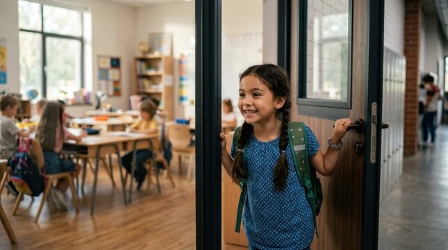 Happy young girl with backpack opening classroom door. Excited student entering school room with classmates. Back to school morning arrival