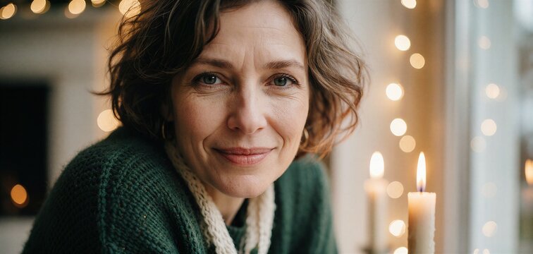 Portrait of a woman surrounded by warm string lights, suggesting a cozy holiday atmosphere while arranging Christmas lights indoors.