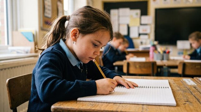 Focused young girl in school uniform writing in a notebook at her desk. Elementary student studying in a classroom with classmates in the background