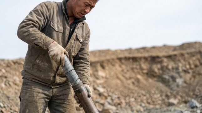 Male worker extracting a rock core sample from a drill pipe. Geologist in dirty workwear handling geological exploration equipment in a mining quarry