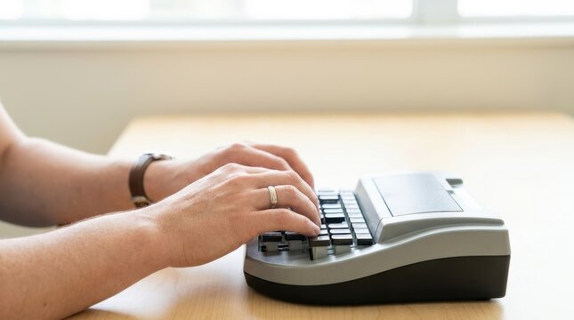 Close up of stenographer hands typing on stenotype machine. Professional court reporter using specialized shorthand keyboard on wooden desk