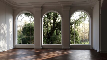 Fototapeta premium Elegant arched frame lush green trees through a sunlit empty room with polished wooden floors and white walls