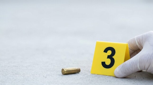 Gloved hand placing a yellow evidence marker next to a bullet casing. Crime scene investigation and forensic analysis on concrete ground