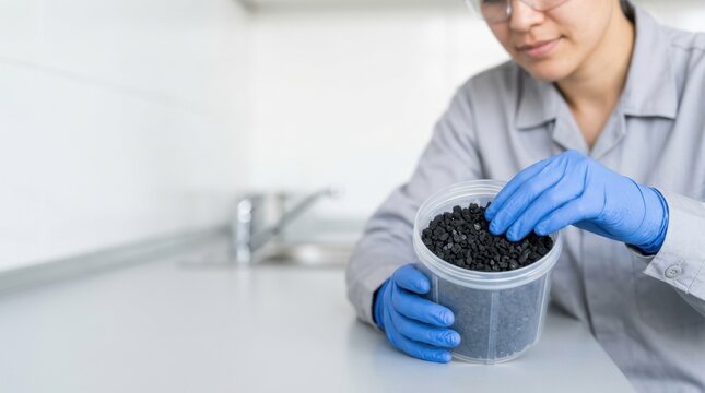 Scientist in blue gloves holding a container of black carbon filter media granules. Activated charcoal for water or air purification in a laboratory