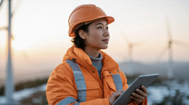 Female Engineer Wearing Hard Hat and Safety Jacket Using Tablet at Wind Farm
