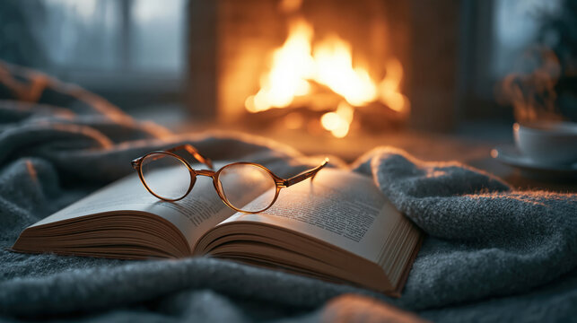 Cozy Reading Setup with Book, Glasses, Warm Blanket, and Fireplace Ambiance
