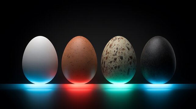Four unique eggs with glowing bases arranged on a black surface. Represents diversity and creative concepts in business.