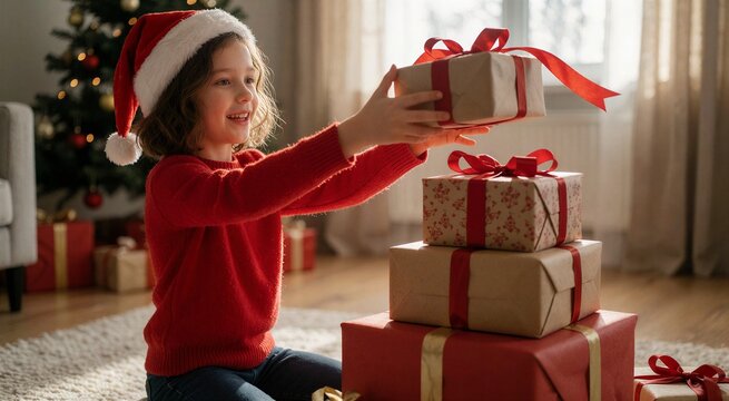 Young girl happily carrying a stack of wrapped Christmas gifts in a warmly lit living room setting.