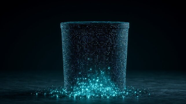 A digital trash bin overflowing with glowing data binary particles. Represents cybersecurity threats and data deletion.