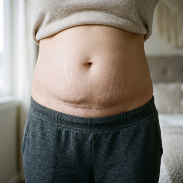 Postpartum belly displayed by a woman lifting her beige top to reveal stretch marks and a surgical c-section scar indoors.