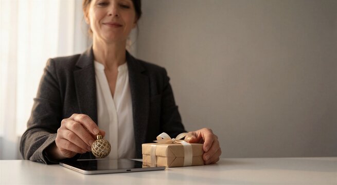 Professional woman presenting a New Year gift, placing a gold bauble on a tablet next to a wrapped present on a white table.