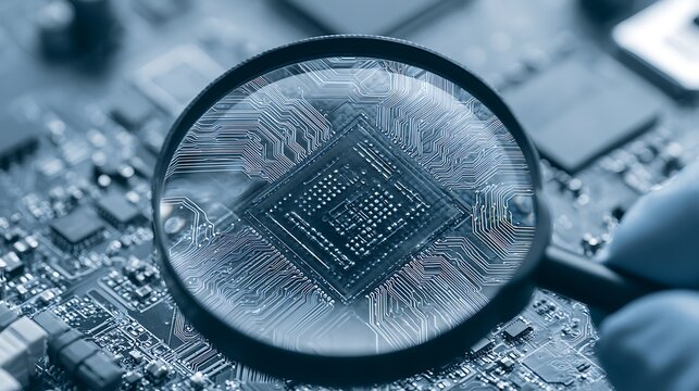A magnifying glass inspects a complex microchip on a motherboard. Concept of technology research and semiconductor.