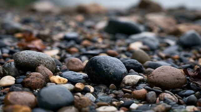 Close up of wet river stones with varied textures and earthy tones on a shallow waterbed surface