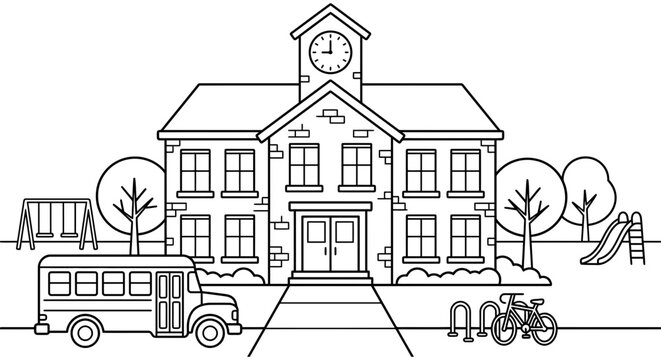 School building with bus trees and playground is a black line silhouette