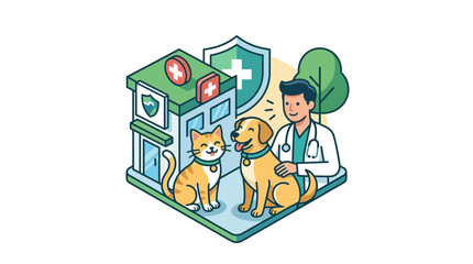 Fototapeta premium Veterinarian with dog and cat at pet clinic building.
