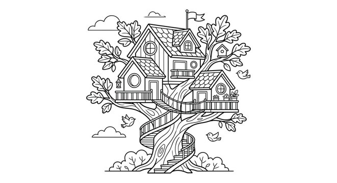 Detailed treehouse illustration with surrounding foliage and birds is a black silhouette