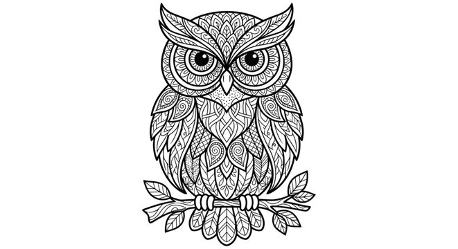 Intricate owl perched on a branch is depicted as a black silhouette