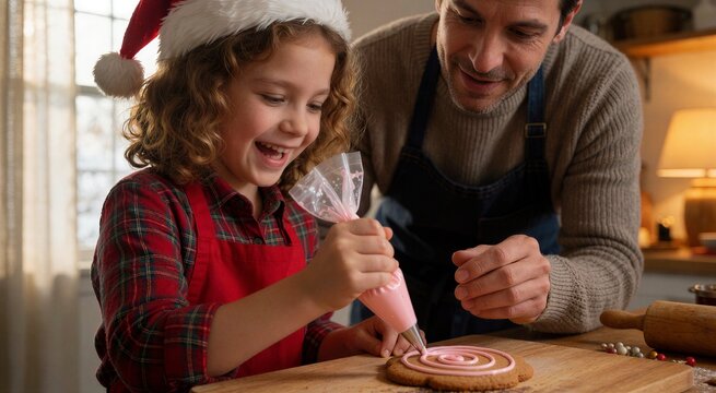 Cheerful girl decorating gingerbread cookies with pink icing while guided by an adult in a warm kitchen setting.