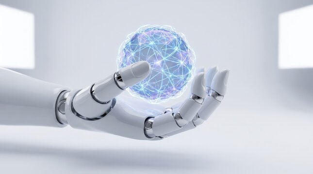 A robotic hand holding a glowing digital sphere representing global connectivity and advanced tech.