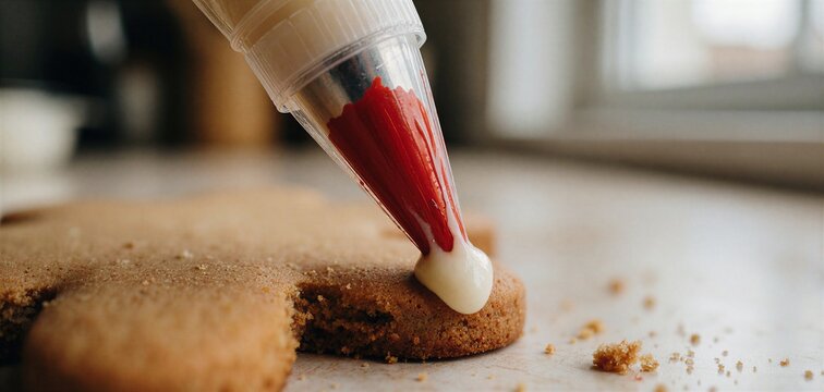 Close-up of decorating gingerbread cookies with red and white icing from a piping bag tip, capturing the sweet process.