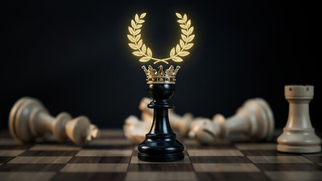 : A black chess king piece wears a golden laurel wreath crown on a chessboard, symbolizing victory and strategic triumph.