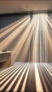 Sunlight streams through vertical window blinds creating patterns light rays shadows interior beams
