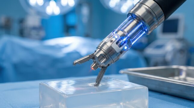 A robotic surgical tool with glowing blue lights interacting with a clear gel simulation block.