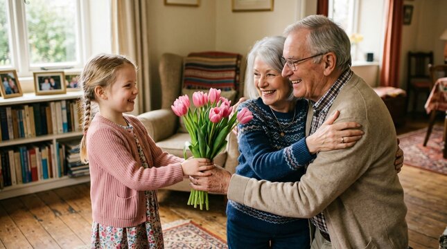 Young girl giving pink tulips bouquet to happy grandparents at home, celebrating National Grandparents Day with family love and warmth.