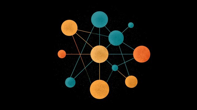Abstract network illustration of interconnected circles and lines on black. Conceptual design for data and technology.