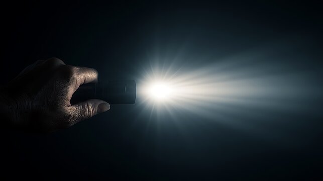A hand holds a flashlight beaming into the darkness. It represents a conceptual image of guidance and discovery.