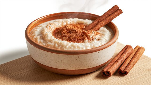 hyper-realistic product photo with food styling of a steaming bowl of rice pudding with ground cinnamon and raw cinnamon sticks in it