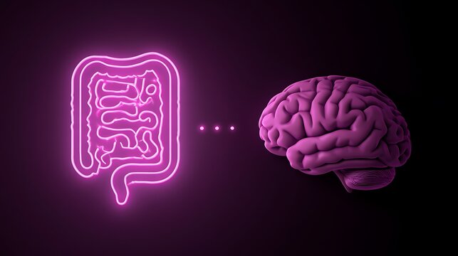 Neon gut and human brain icons on dark background. Concept of the gut-brain axis connection in biological systems.