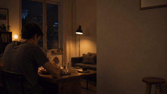 Young man working alone at a desk late at night, remote work, overtime, fatigue and professional burnout in a dark home office.