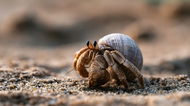 A hermit crab emerges from its shell on a textured sandy surface under warm natural lighting
