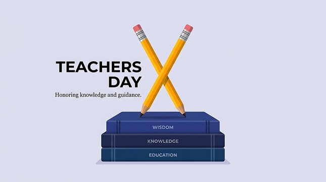 Minimalist creative graphic design for teacher day celebration with yellow pencils and blue books on background