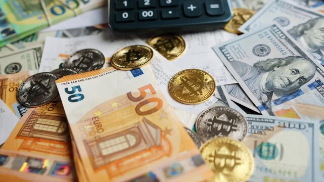 Background with US Dollar and Euro bills, BTC bitcoins and bills to pay.